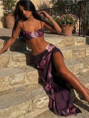 SHEIN Women’s 3pc Purple Floral Print w/ 3D Flower Beach Set